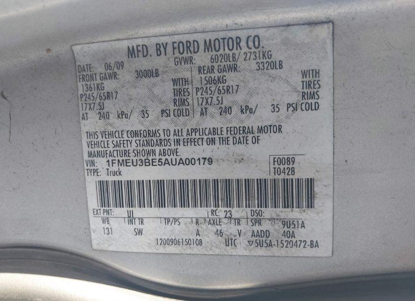 Photo 9 of 2010 Ford Explorer SPORT TRAC XLT (VIN 1FMEU3BE5AUA00179)