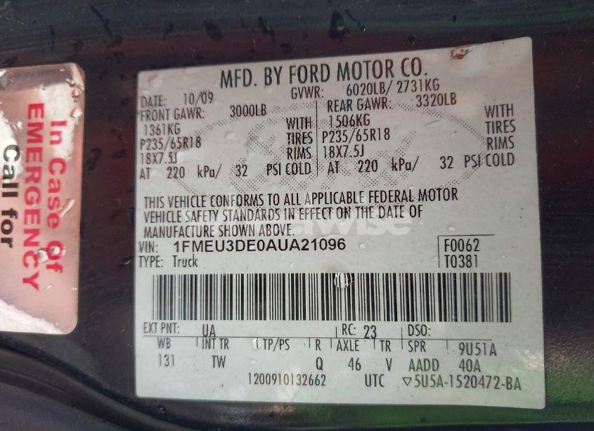 Photo 9 of 2010 Ford Explorer SPORT TRAC LIMITED (VIN 1FMEU3DE0AUA21096)