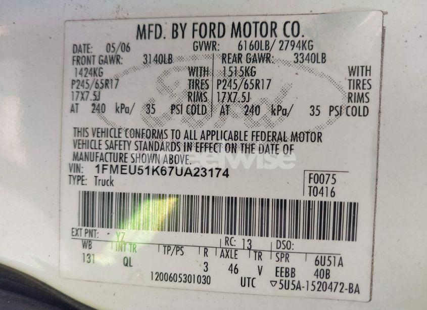 Photo 9 of 2007 Ford Explorer SPORT TRAC XLT (VIN 1FMEU51K67UA23174)