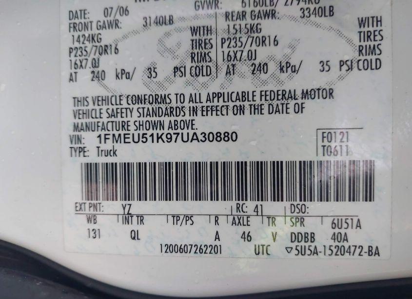 Photo 9 of 2007 Ford Explorer SPORT TRAC XLT (VIN 1FMEU51K97UA30880)