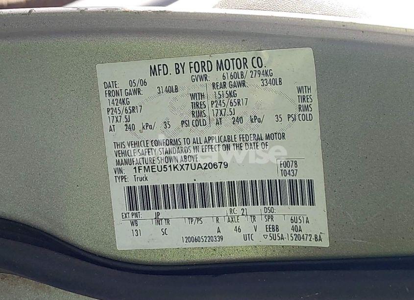 Photo 9 of 2007 Ford Explorer SPORT TRAC XLT (VIN 1FMEU51KX7UA20679)