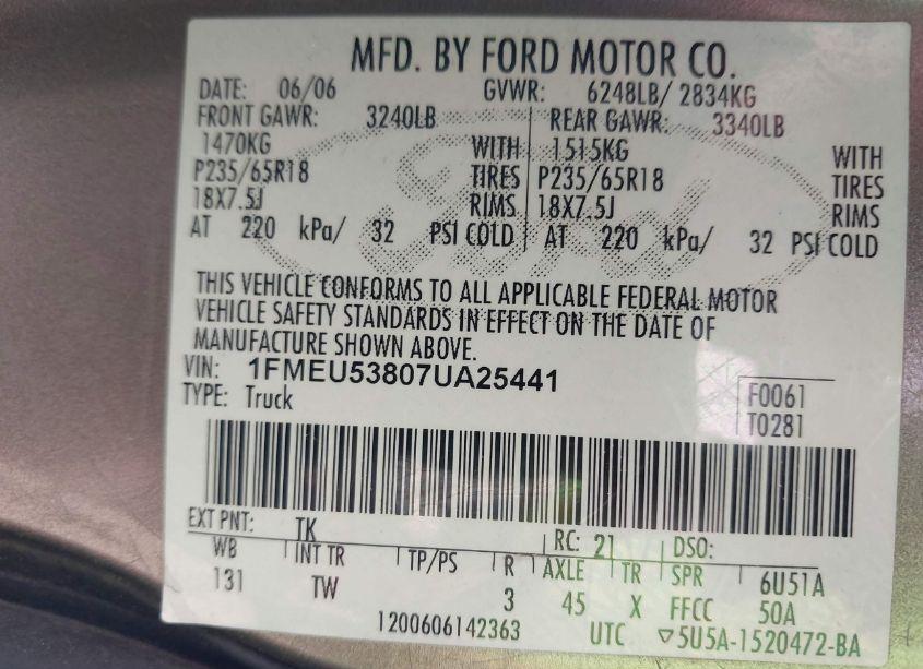 Photo 9 of 2007 Ford Explorer SPORT TRAC LIMITED (VIN 1FMEU53807UA25441)