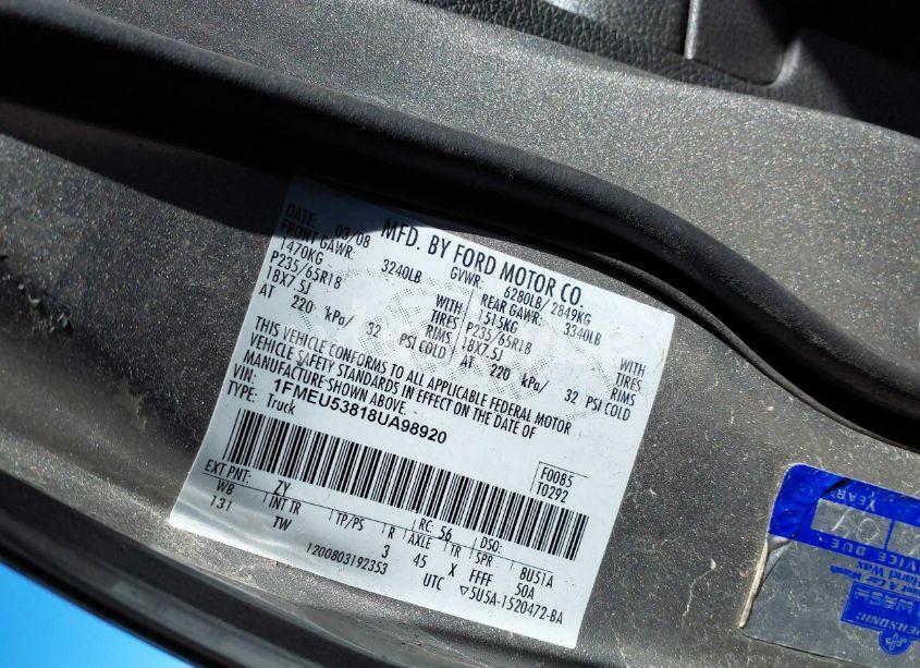 Photo 9 of 2008 Ford Explorer SPORT TRAC LIMITED (VIN 1FMEU53818UA98920)