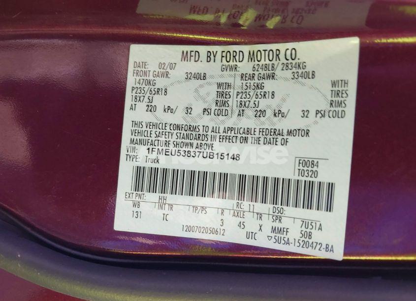 Photo 9 of 2007 Ford Explorer SPORT TRAC LIMITED (VIN 1FMEU53837UB15148)