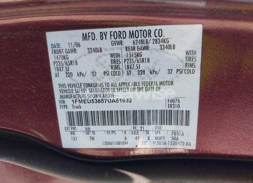 Photo 9 of 2007 Ford Explorer SPORT TRAC LIMITED (VIN 1FMEU53857UA51632)