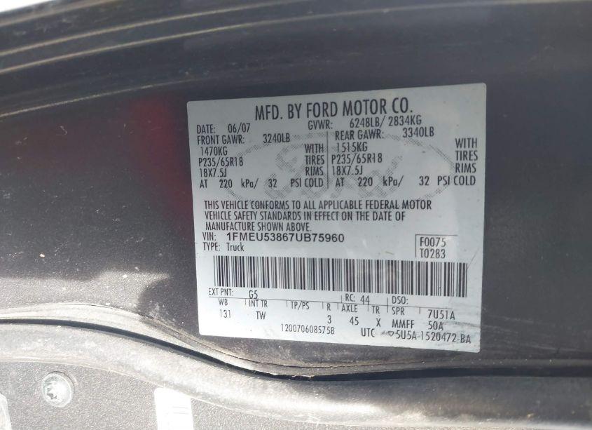 Photo 9 of 2007 Ford Explorer SPORT TRAC LIMITED (VIN 1FMEU53867UB75960)