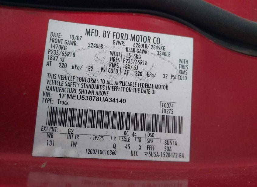 Photo 9 of 2008 Ford Explorer SPORT TRAC LIMITED (VIN 1FMEU53878UA34140)