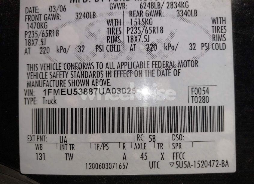 Photo 9 of 2007 Ford Explorer SPORT TRAC LIMITED (VIN 1FMEU53887UA03025)