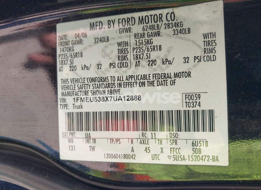 Photo 9 of 2007 Ford Explorer SPORT TRAC LIMITED (VIN 1FMEU538X7UA12888)