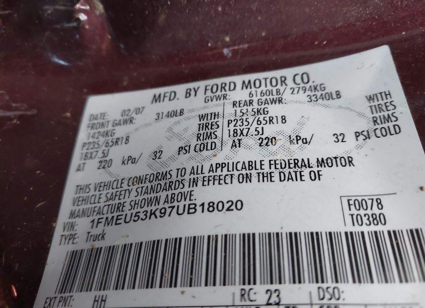 Photo 9 of 2007 Ford Explorer SPORT TRAC LIMITED (VIN 1FMEU53K97UB18020)