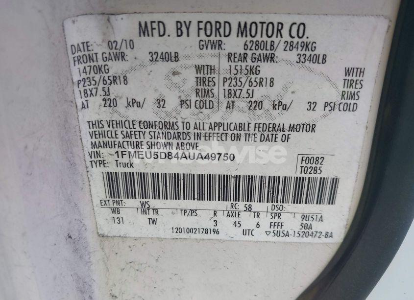 Photo 9 of 2010 Ford Explorer SPORT TRAC LIMITED (VIN 1FMEU5D84AUA49750)