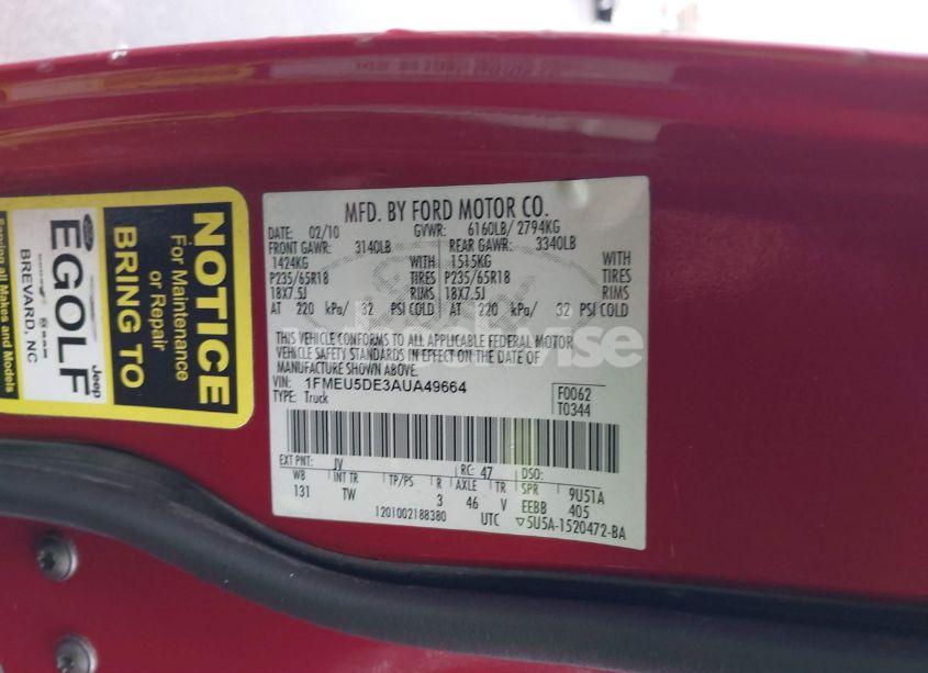 Photo 9 of 2010 Ford Explorer SPORT TRAC LIMITED (VIN 1FMEU5DE3AUA49664)