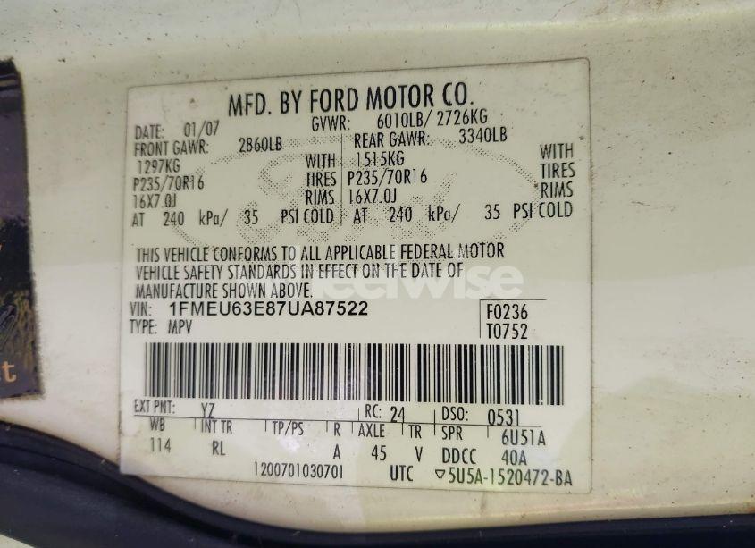 Photo 9 of 2007 Ford Explorer XLT (VIN 1FMEU63E87UA87522)