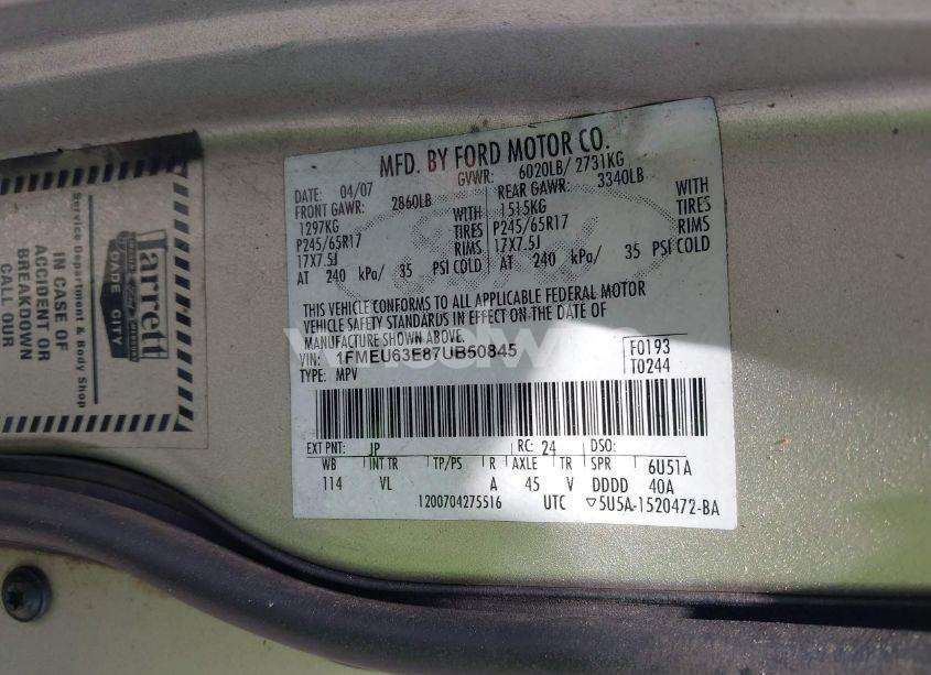 Photo 9 of 2007 Ford Explorer XLT (VIN 1FMEU63E87UB50845)