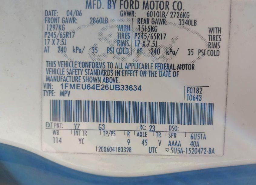 Photo 9 of 2006 Ford Explorer EDDIE BAUER (VIN 1FMEU64E26UB33634)