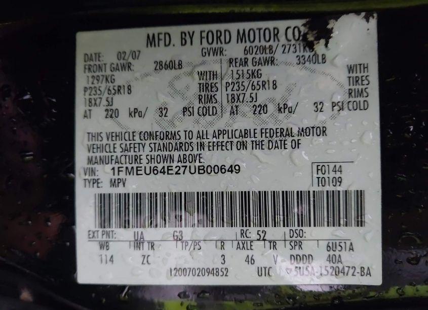 Photo 9 of 2007 Ford Explorer EDDIE BAUER (VIN 1FMEU64E27UB00649)