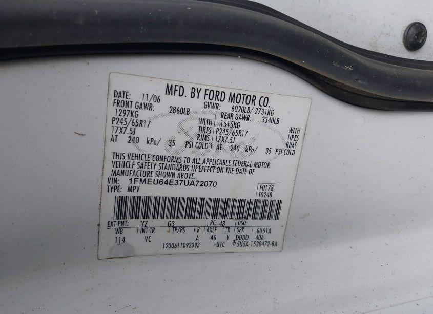 Photo 9 of 2007 Ford Explorer EDDIE BAUER (VIN 1FMEU64E37UA72070)