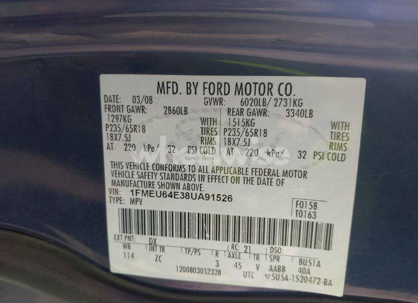 Photo 9 of 2008 Ford Explorer EDDIE BAUER (VIN 1FMEU64E38UA91526)