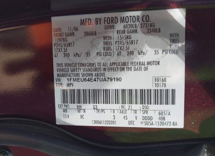 Photo 9 of 2007 Ford Explorer EDDIE BAUER (VIN 1FMEU64E47UA79190)
