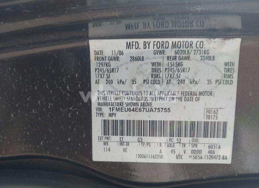 Photo 9 of 2007 Ford Explorer EDDIE BAUER (VIN 1FMEU64E67UA75755)