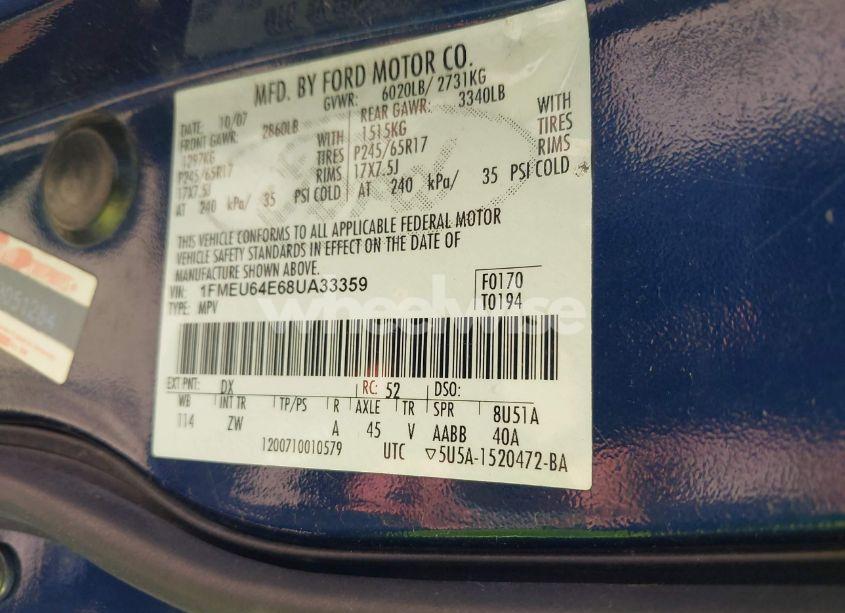 Photo 9 of 2008 Ford Explorer EDDIE BAUER (VIN 1FMEU64E68UA33359)