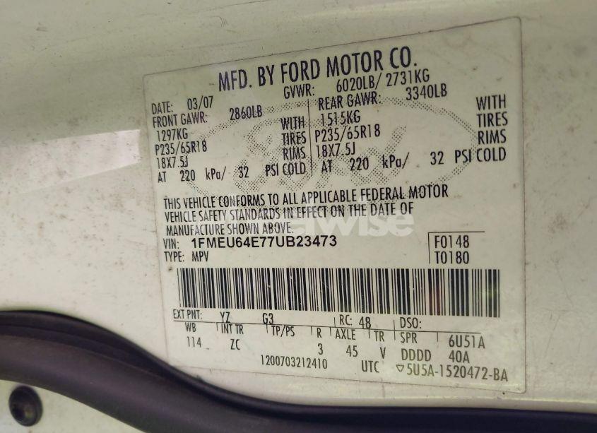 Photo 9 of 2007 Ford Explorer EDDIE BAUER (VIN 1FMEU64E77UB23473)