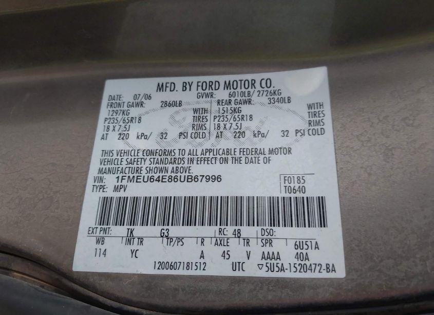 Photo 9 of 2006 Ford Explorer EDDIE BAUER (VIN 1FMEU64E86UB67996)