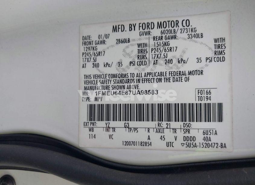 Photo 9 of 2007 Ford Explorer EDDIE BAUER (VIN 1FMEU64E87UA98583)