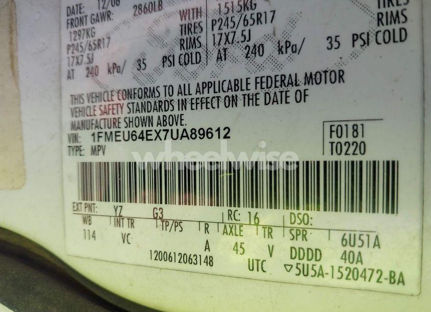 Photo 9 of 2007 Ford Explorer EDDIE BAUER (VIN 1FMEU64EX7UA89612)