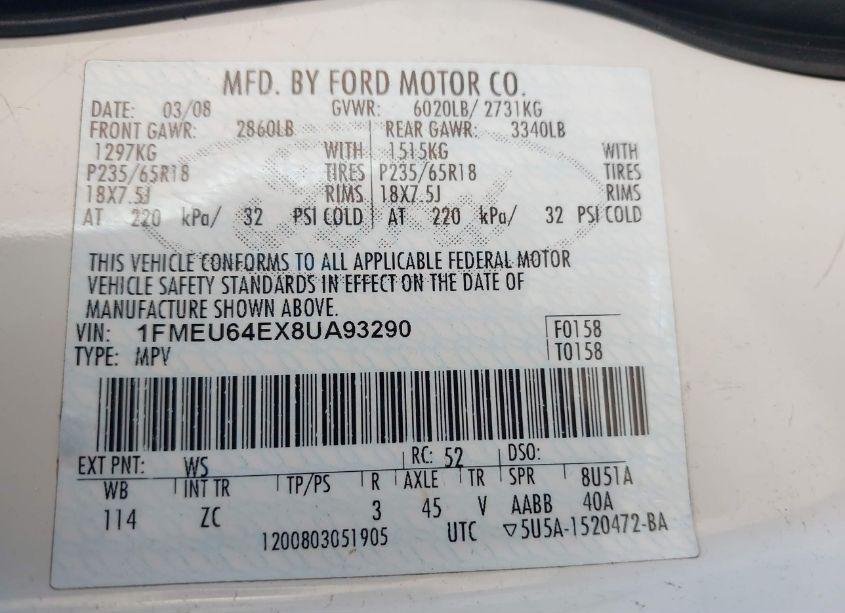 Photo 9 of 2008 Ford Explorer EDDIE BAUER (VIN 1FMEU64EX8UA93290)