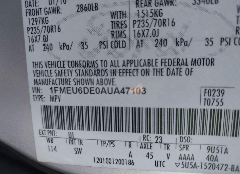 Photo 9 of 2010 Ford Explorer XLT (VIN 1FMEU6DE0AUA47103)