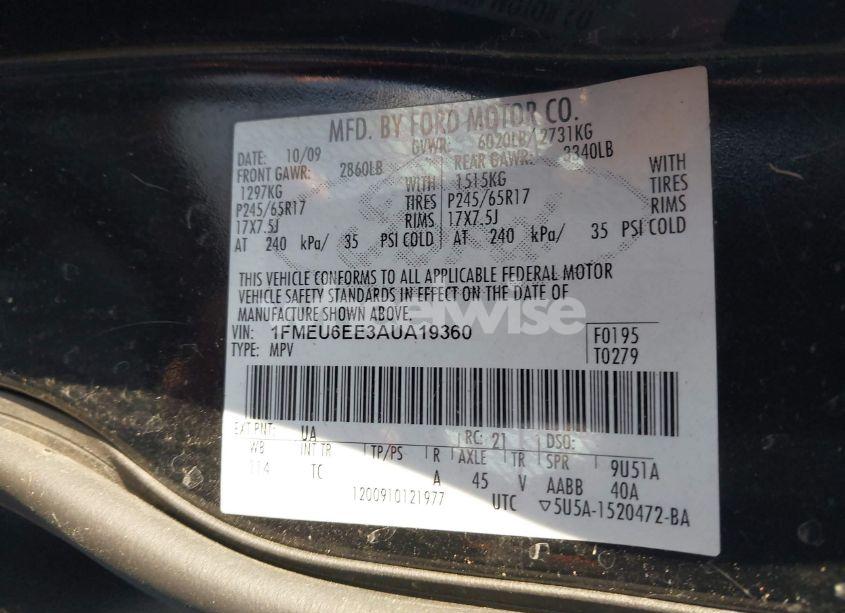 Photo 9 of 2010 Ford Explorer EDDIE BAUER (VIN 1FMEU6EE3AUA19360)