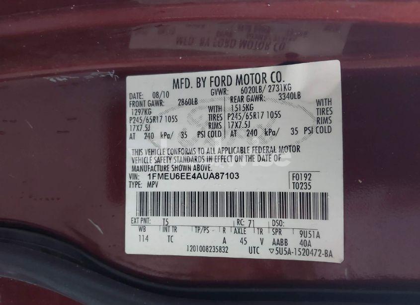 Photo 9 of 2010 Ford Explorer EDDIE BAUER (VIN 1FMEU6EE4AUA87103)