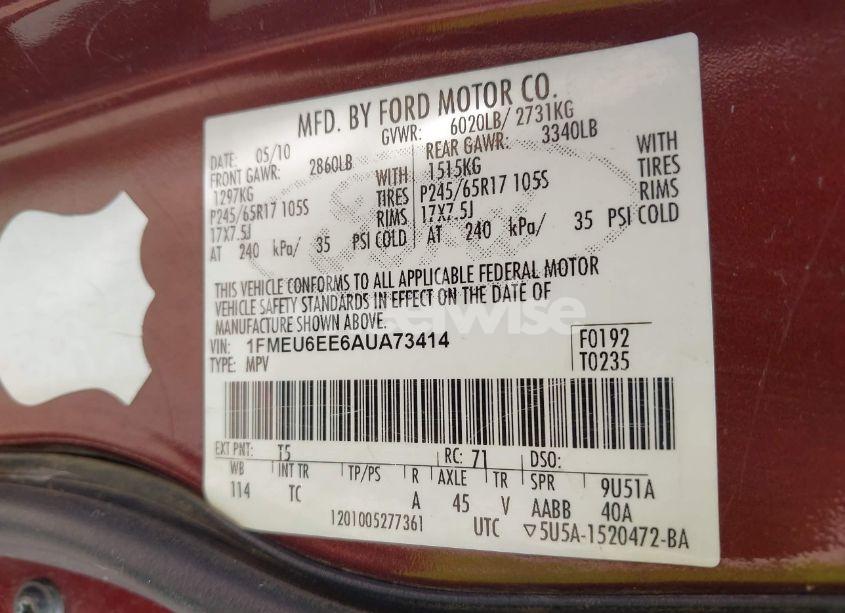 Photo 9 of 2010 Ford Explorer EDDIE BAUER (VIN 1FMEU6EE6AUA73414)