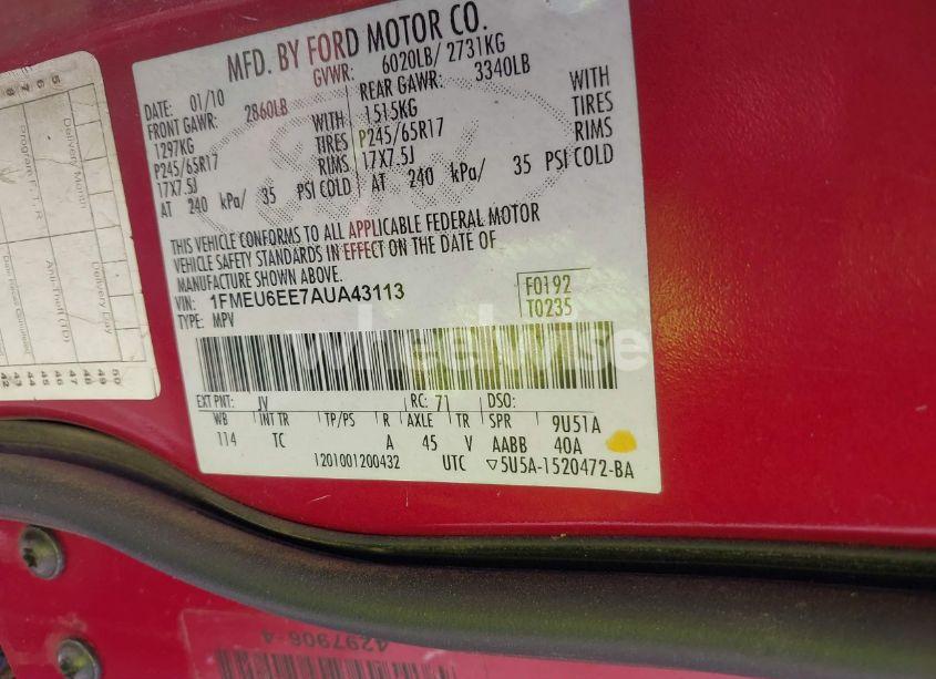 Photo 9 of 2010 Ford Explorer EDDIE BAUER (VIN 1FMEU6EE7AUA43113)