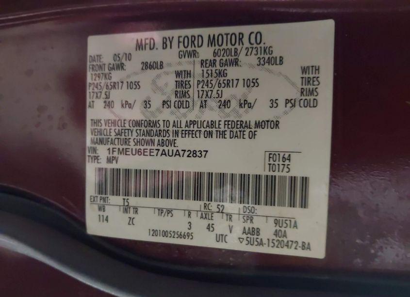 Photo 9 of 2010 Ford Explorer EDDIE BAUER (VIN 1FMEU6EE7AUA72837)