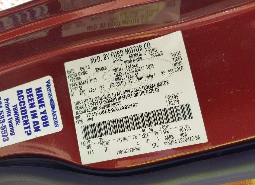 Photo 9 of 2010 Ford Explorer EDDIE BAUER (VIN 1FMEU6EE9AUA92197)