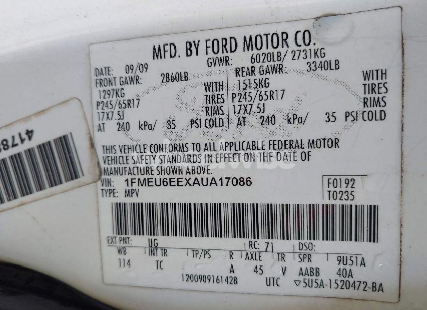 Photo 9 of 2010 Ford Explorer EDDIE BAUER (VIN 1FMEU6EEXAUA17086)