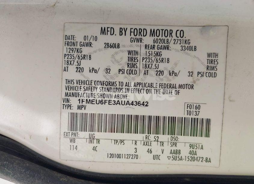 Photo 9 of 2010 Ford Explorer LIMITED (VIN 1FMEU6FE3AUA43642)