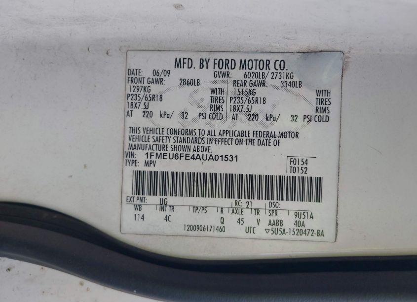 Photo 9 of 2010 Ford Explorer LIMITED (VIN 1FMEU6FE4AUA01531)