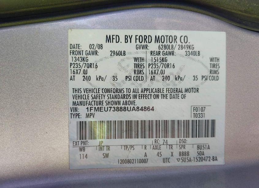 Photo 9 of 2008 Ford Explorer XLT (VIN 1FMEU73888UA84864)