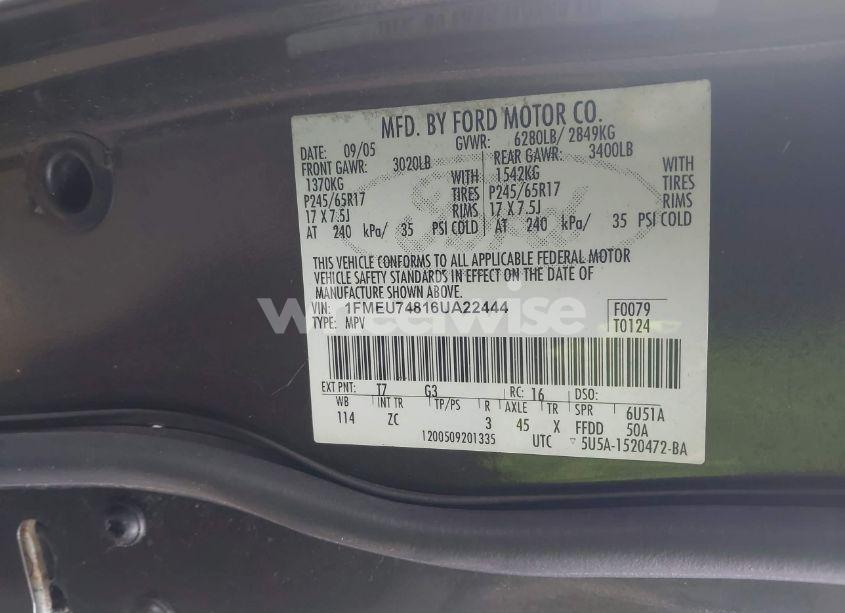 Photo 9 of 2006 Ford Explorer EDDIE BAUER (VIN 1FMEU74816UA22444)