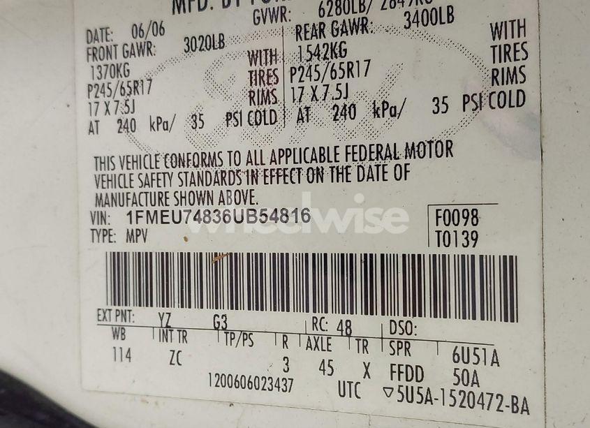 Photo 9 of 2006 Ford Explorer EDDIE BAUER (VIN 1FMEU74836UB54816)