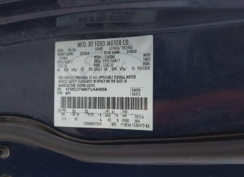 Photo 9 of 2007 Ford Explorer EDDIE BAUER (VIN 1FMEU74867UA40858)