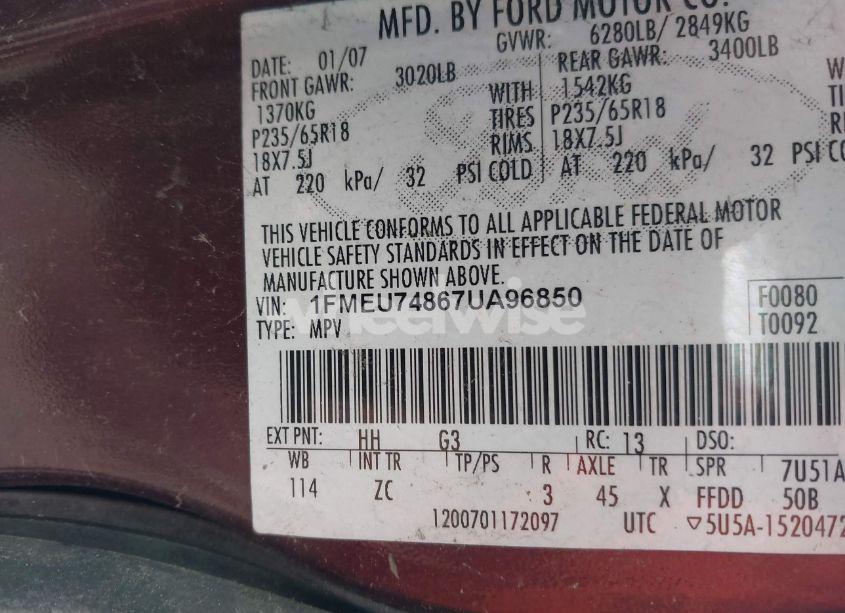 Photo 9 of 2007 Ford Explorer EDDIE BAUER (VIN 1FMEU74867UA96850)