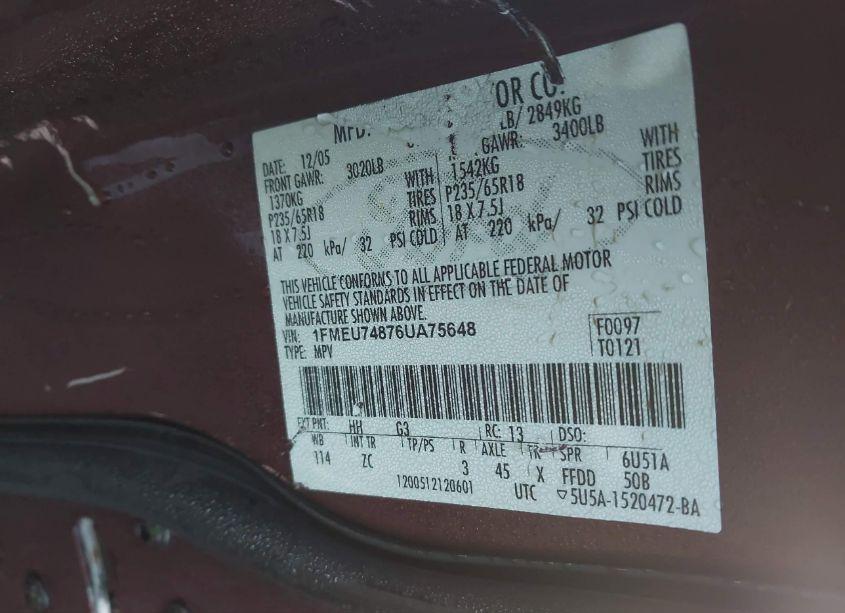 Photo 9 of 2006 Ford Explorer EDDIE BAUER (VIN 1FMEU74876UA75648)