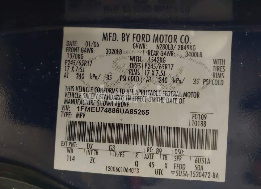 Photo 9 of 2006 Ford Explorer EDDIE BAUER (VIN 1FMEU74886UA85265)