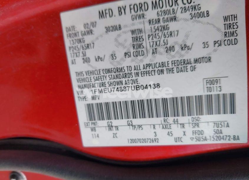 Photo 9 of 2007 Ford Explorer EDDIE BAUER (VIN 1FMEU74887UB04138)