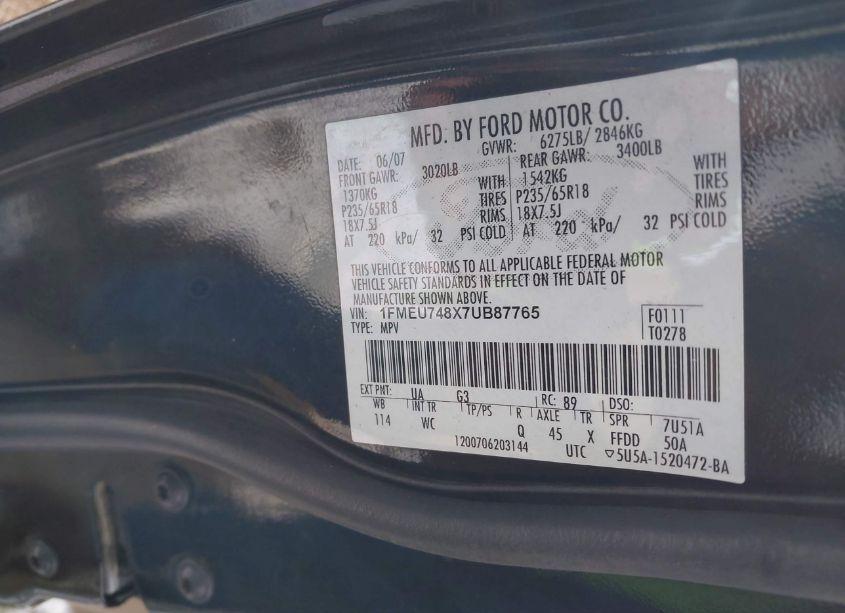 Photo 9 of 2007 Ford Explorer EDDIE BAUER (VIN 1FMEU748X7UB87765)