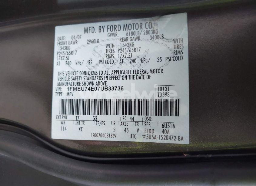 Photo 9 of 2007 Ford Explorer EDDIE BAUER (VIN 1FMEU74E07UB33736)